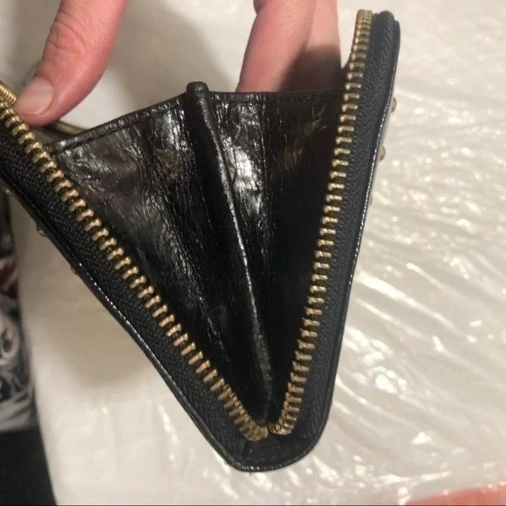 Badgley mischka black studded leather zipper clutch wallet